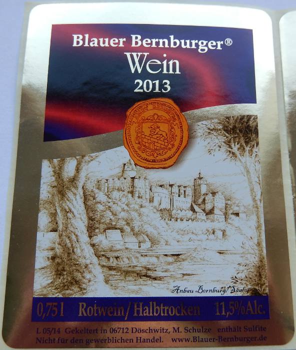 Blauer Bernburger Weißherbst Etikett 2013 Halbtrocken
